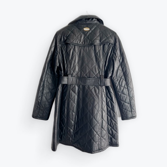 Quilted Black Leather Trench Coat Y2K Baby Phat long black jacket Kimora Lee - Picture 5 of 16